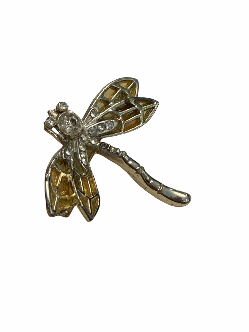 Dragonfly Brooch Pin Aurora Borealis Rhinestones Amber Wings Jewelry Vintage